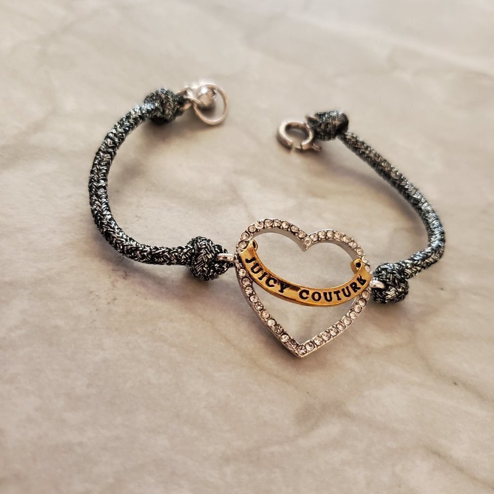 ✨ Juicy Couture Metallic Thread Rhinestones Crystals Pave Puffy Heart Bracelet ✨ - Picture 2 of 7